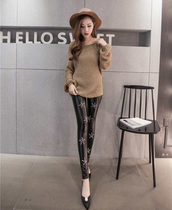 SZ60085 Women Trendy Studded Lace Rivet Leggings Thermal Faux Leather Pants